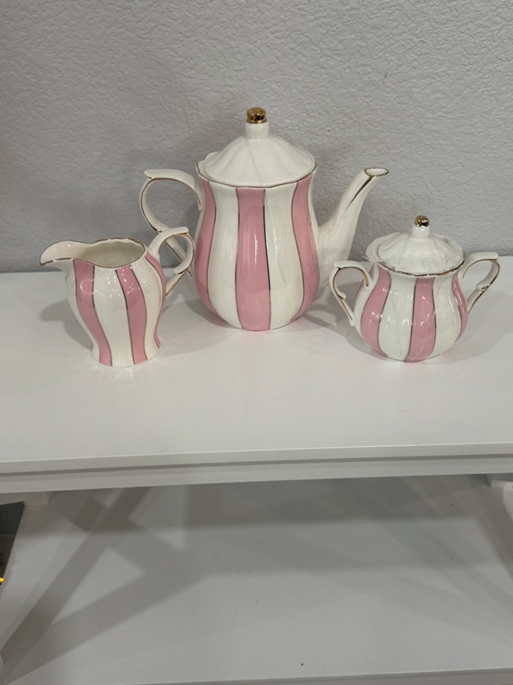 Porcelain Pink & White Striped Coffee Set with Gold Trim